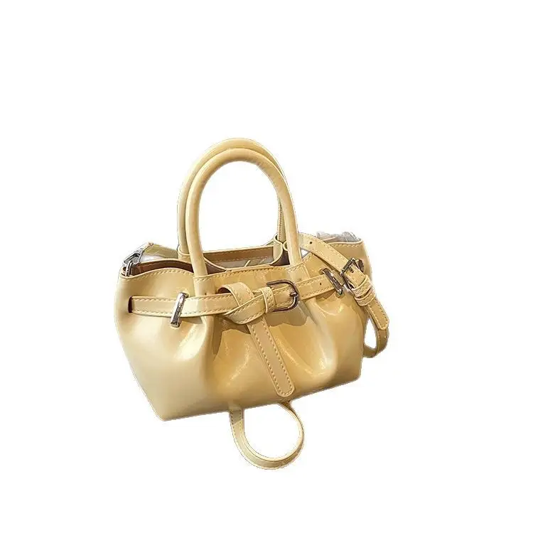 Women Pleated Handbag Gold One Shoulder Bucket Bag - Image 4