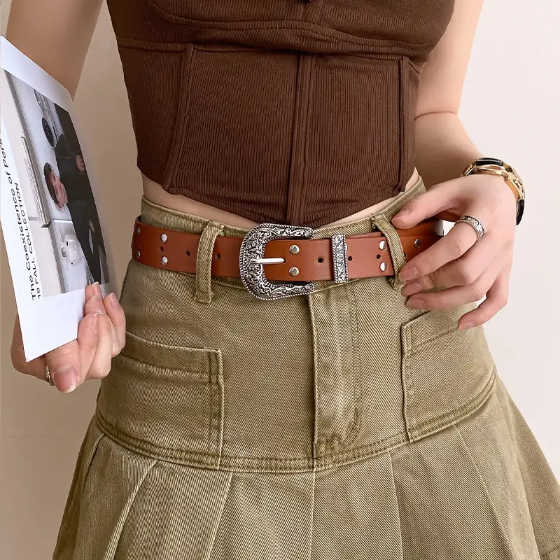 Women's Brown Suede Belt with Retro Silver Buckle - Image 6