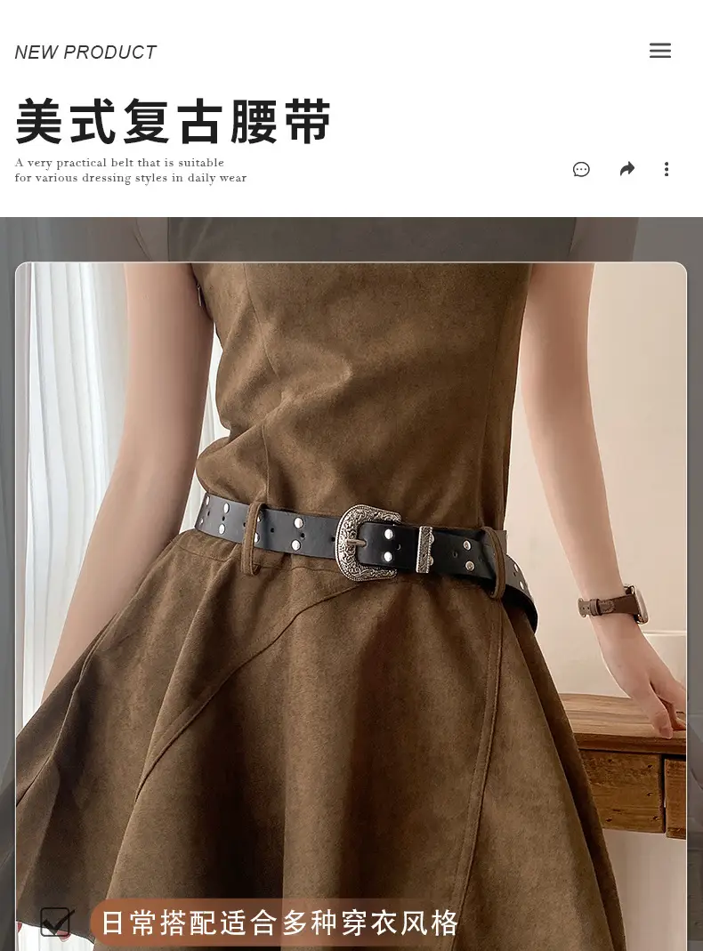 Women's Brown Suede Belt with Retro Silver Buckle — feature 1