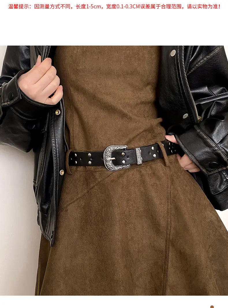 Women's Brown Suede Belt with Retro Silver Buckle — feature 4