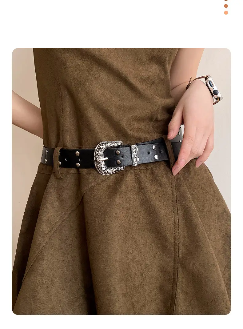 Women's Brown Suede Belt with Retro Silver Buckle — feature 5