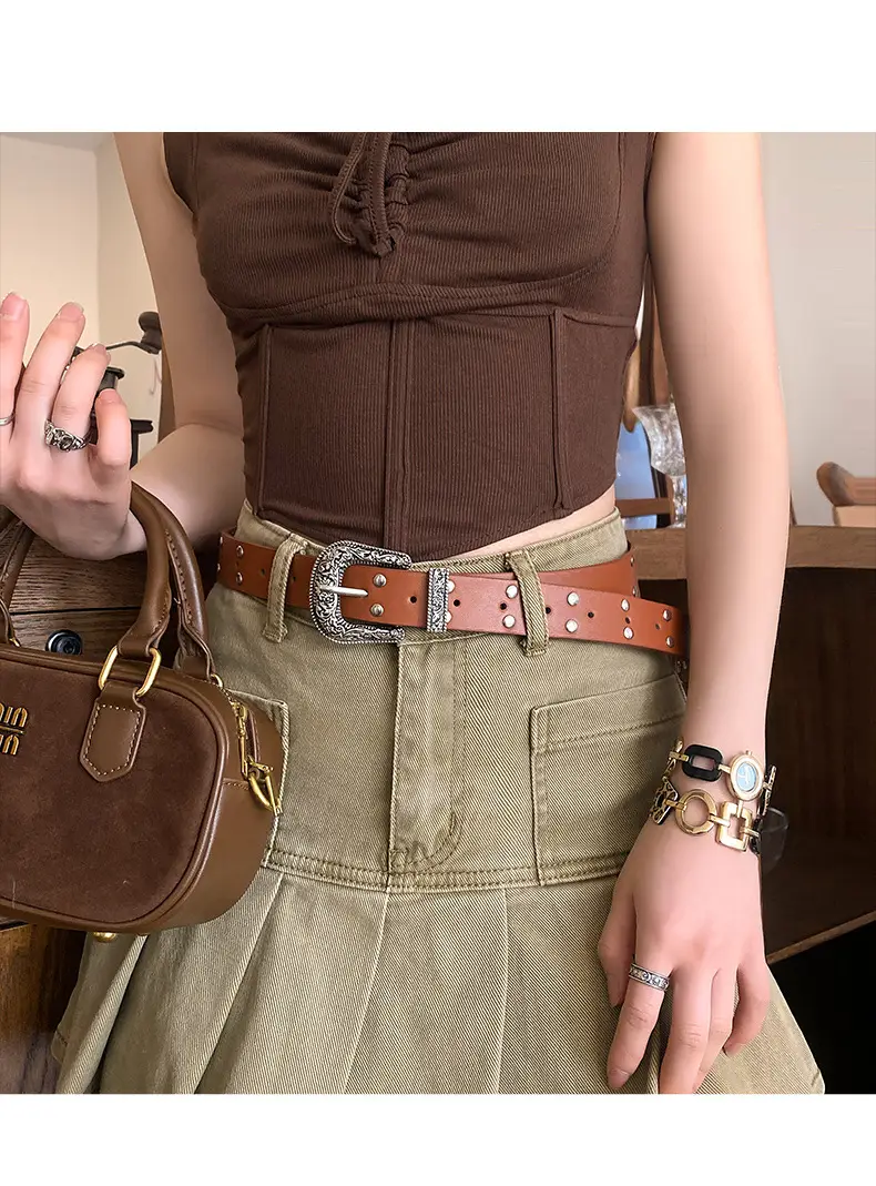 Women's Brown Suede Belt with Retro Silver Buckle — feature 6