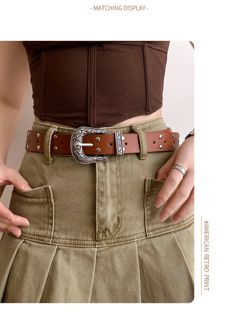 Women's Brown Suede Belt with Retro Silver Buckle — feature 7