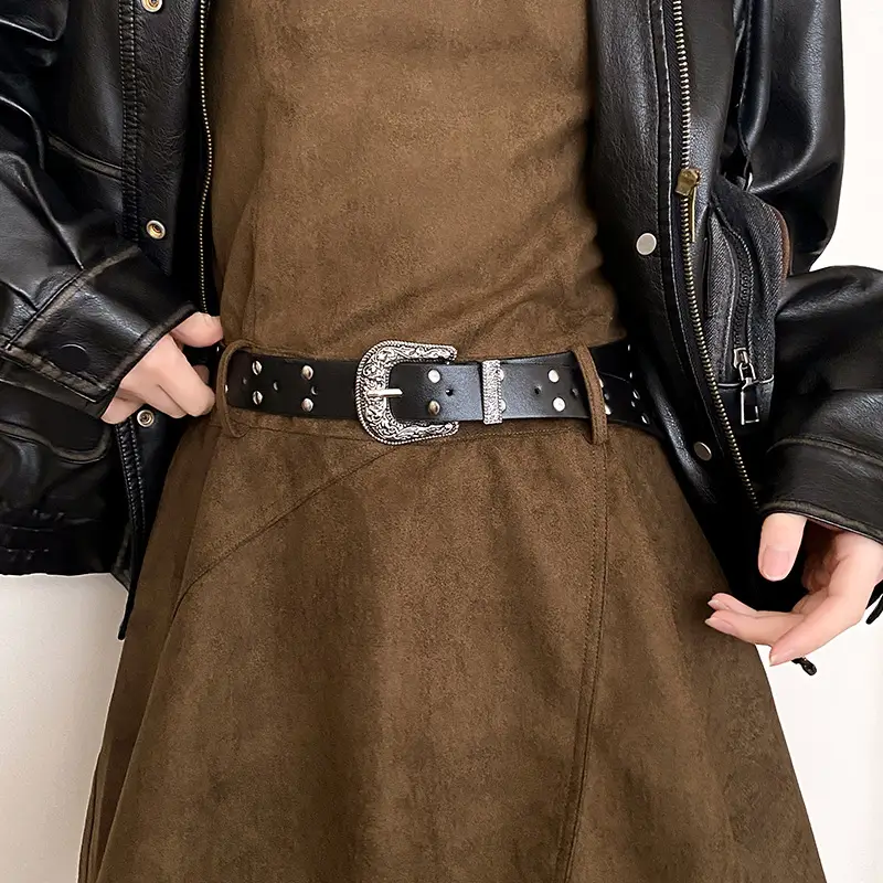 Women's Brown Suede Belt with Retro Silver Buckle - Image 2