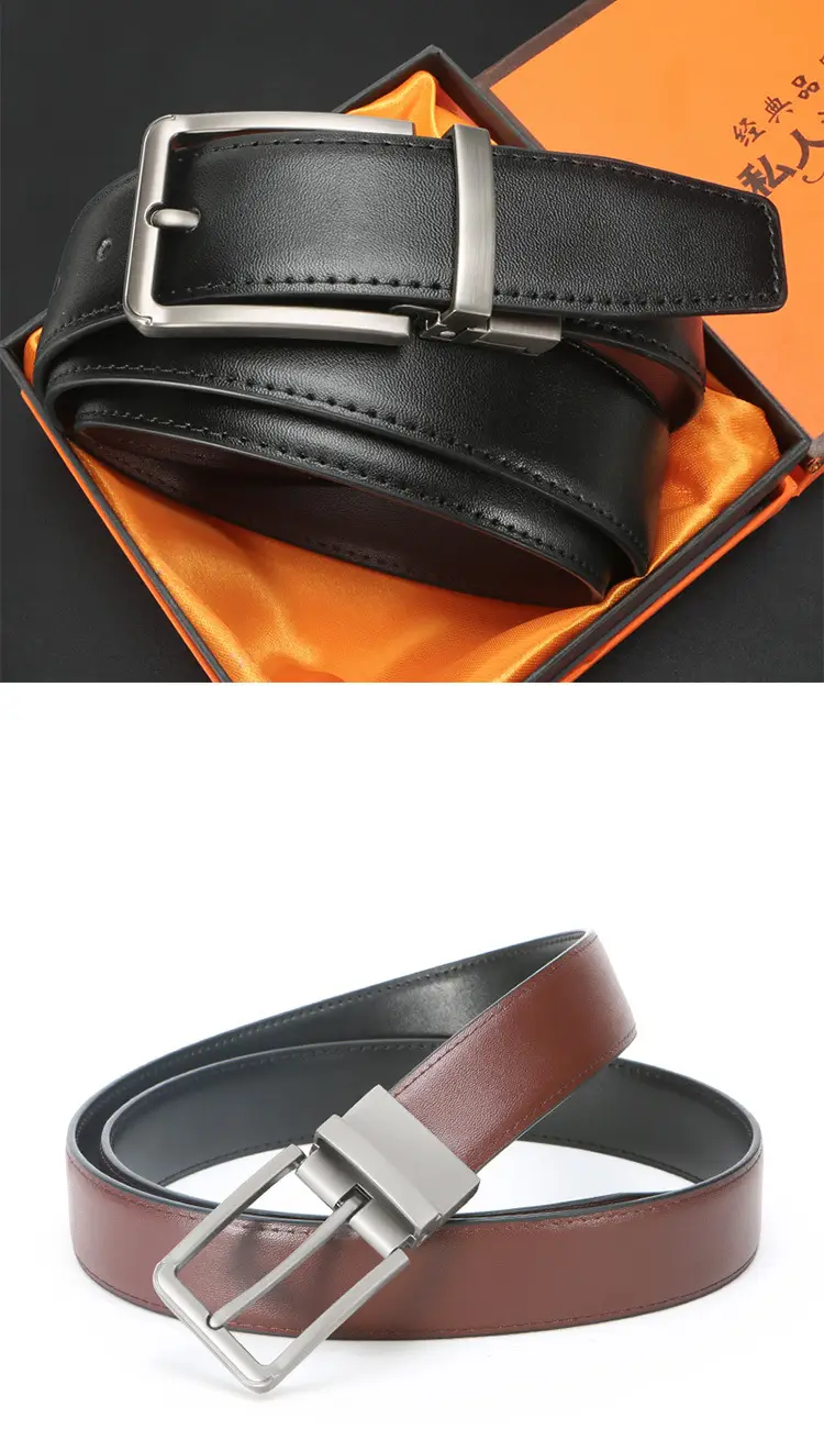 Men's Rotating Pin Buckle Belt Brown Black Leather Belt — feature 8