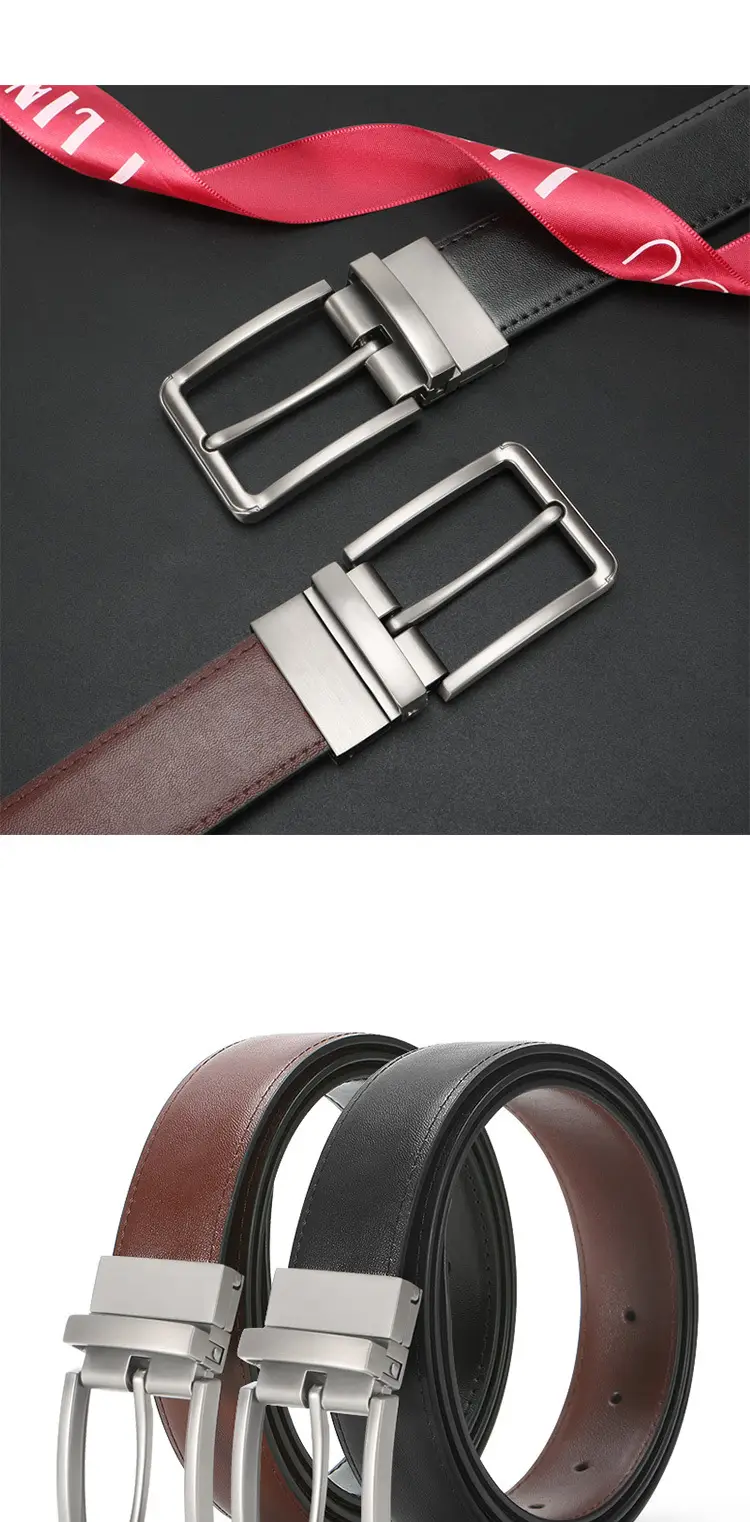 Men's Rotating Pin Buckle Belt Brown Black Leather Belt — feature 9