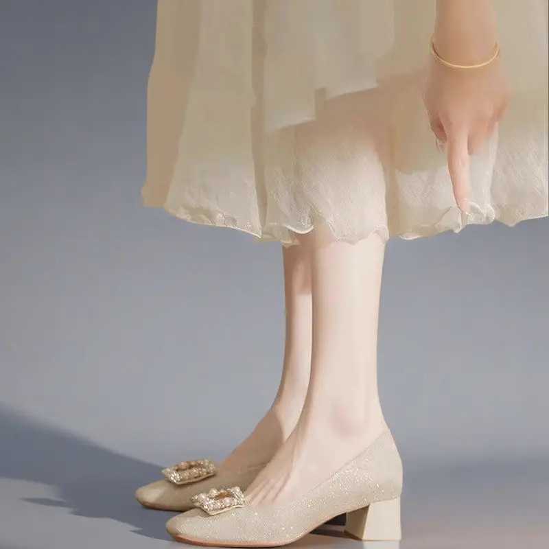 French-Style Chunky High Heels for Women, 2026 New Wedding Shoes, Bridesmaid Shoes, Square Toe, Shallow Mouth, Suitable for Cheongsam and Cheongsam Skirt, Single Shoes - Image 2