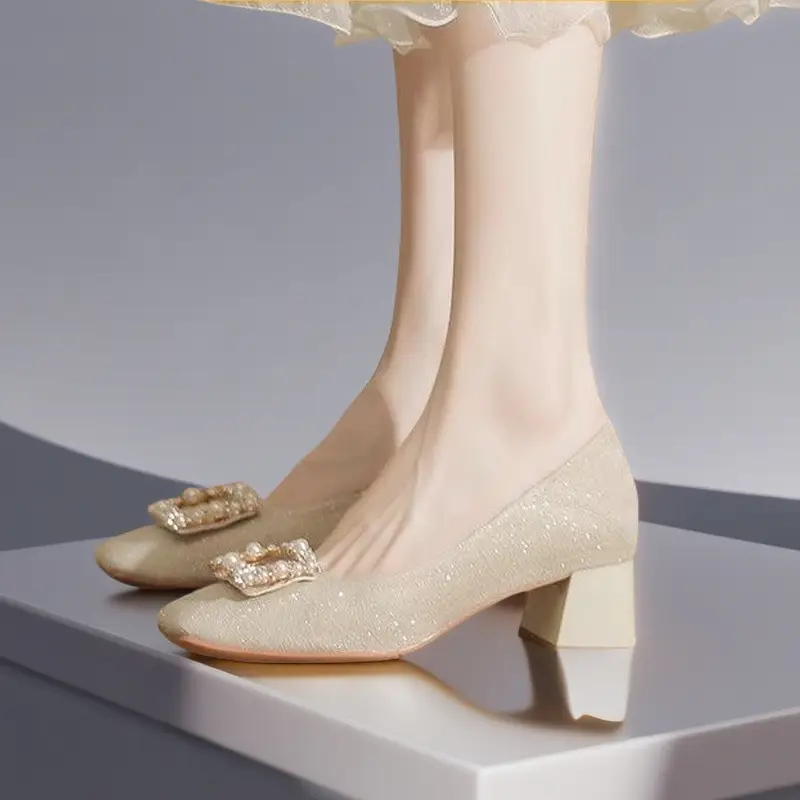 French-Style Chunky High Heels for Women, 2026 New Wedding Shoes, Bridesmaid Shoes, Square Toe, Shallow Mouth, Suitable for Cheongsam and Cheongsam Skirt, Single Shoes - Image 4