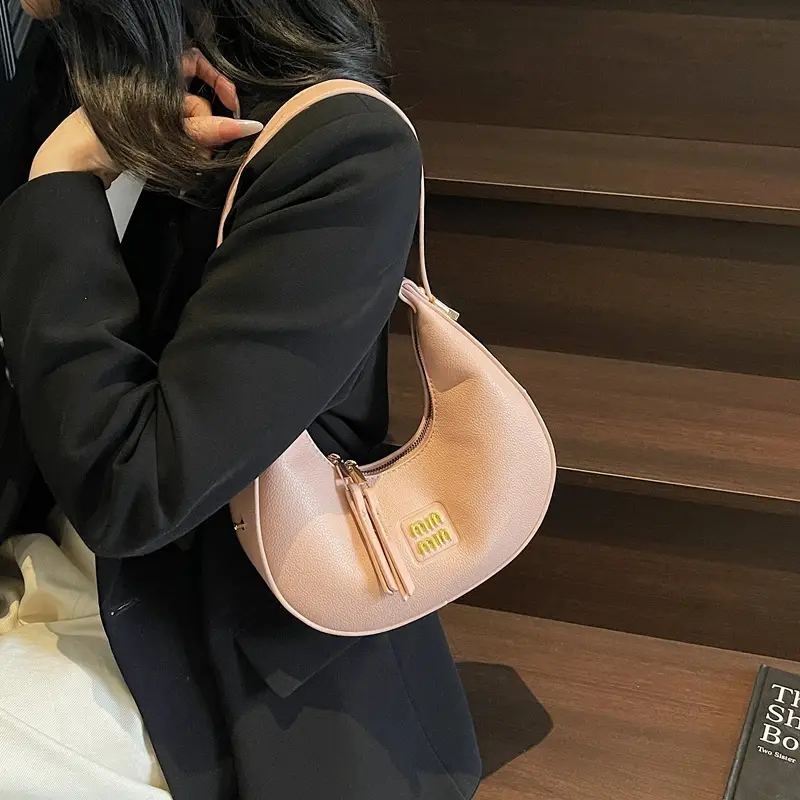 Women's Pink Leather Crescent Shoulder Bag - Image 7