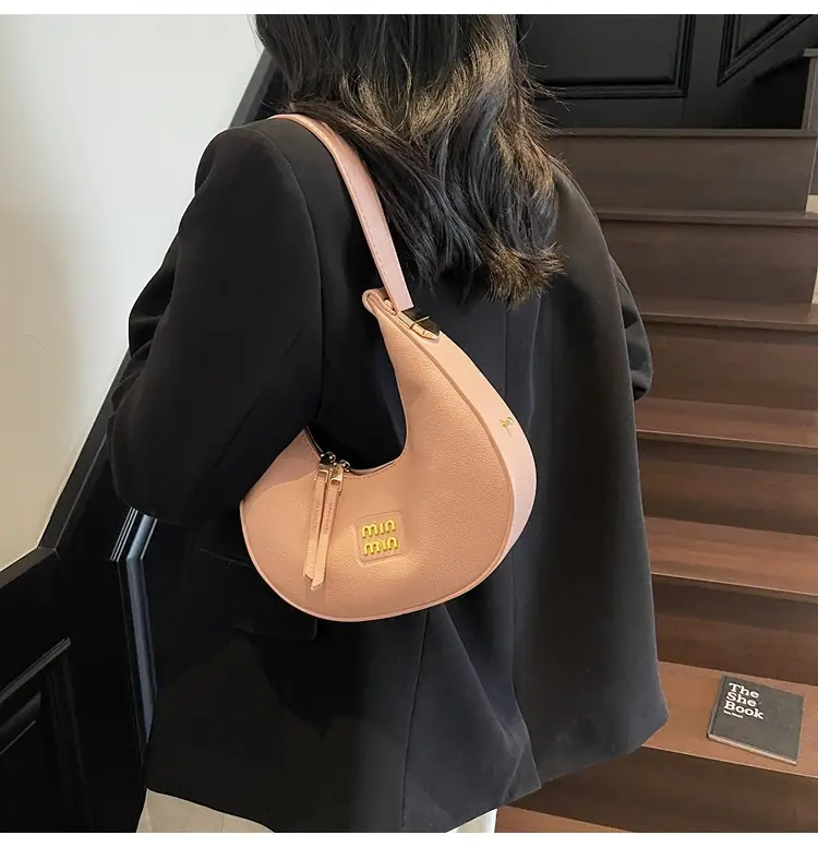 Women's Pink Leather Crescent Shoulder Bag — feature 11