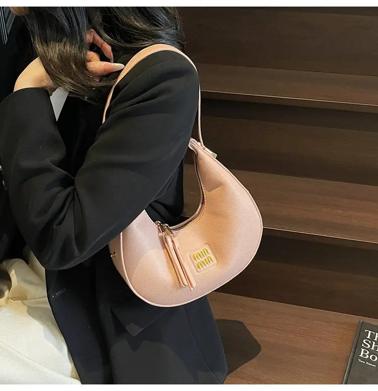 Women's Pink Leather Crescent Shoulder Bag — feature 12