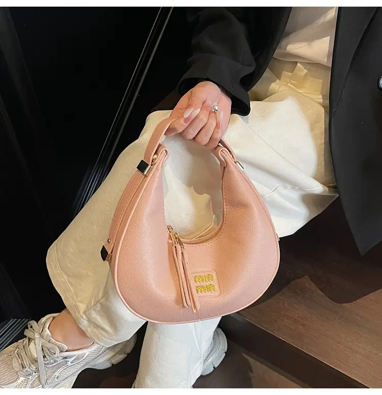 Women's Pink Leather Crescent Shoulder Bag — feature 13