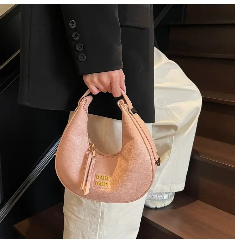 Women's Pink Leather Crescent Shoulder Bag — feature 14