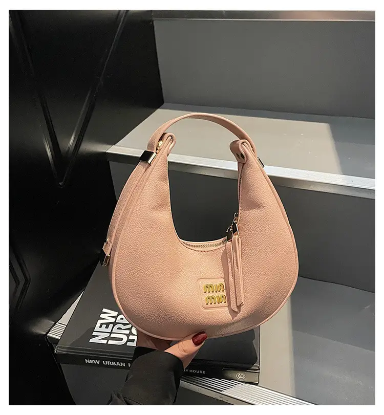 Women's Pink Leather Crescent Shoulder Bag — feature 3