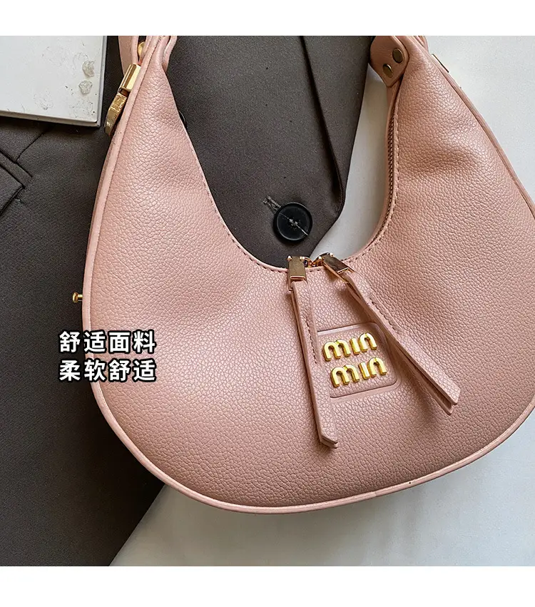 Women's Pink Leather Crescent Shoulder Bag — feature 5