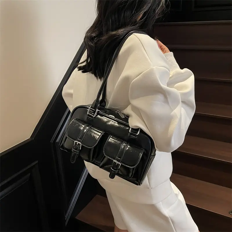 Brown Retro Shoulder Bag for Women with 5 Pockets - Image 11