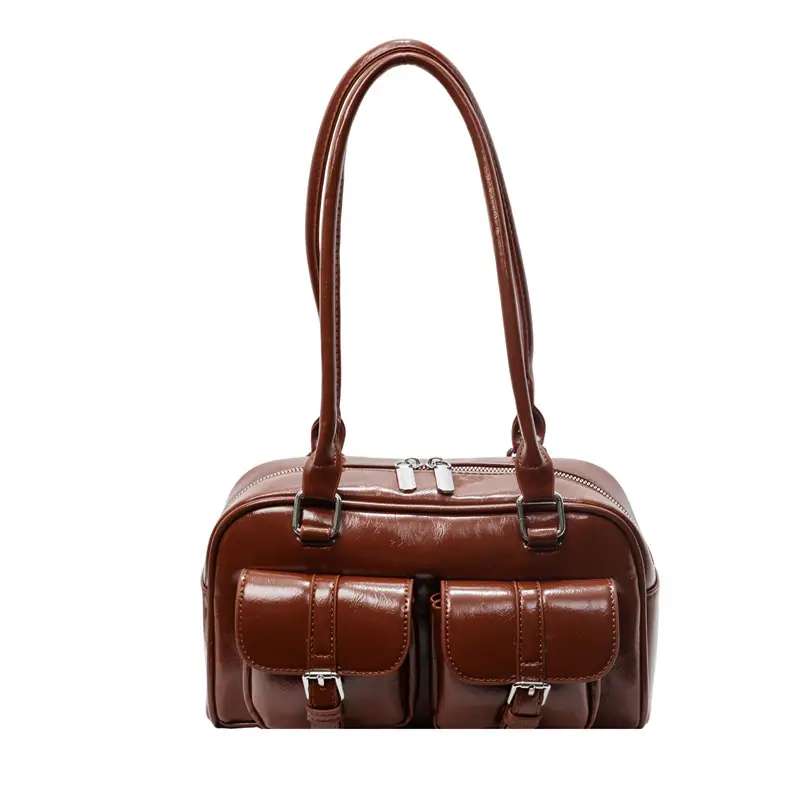Brown Retro Shoulder Bag for Women with 5 Pockets - Image 13