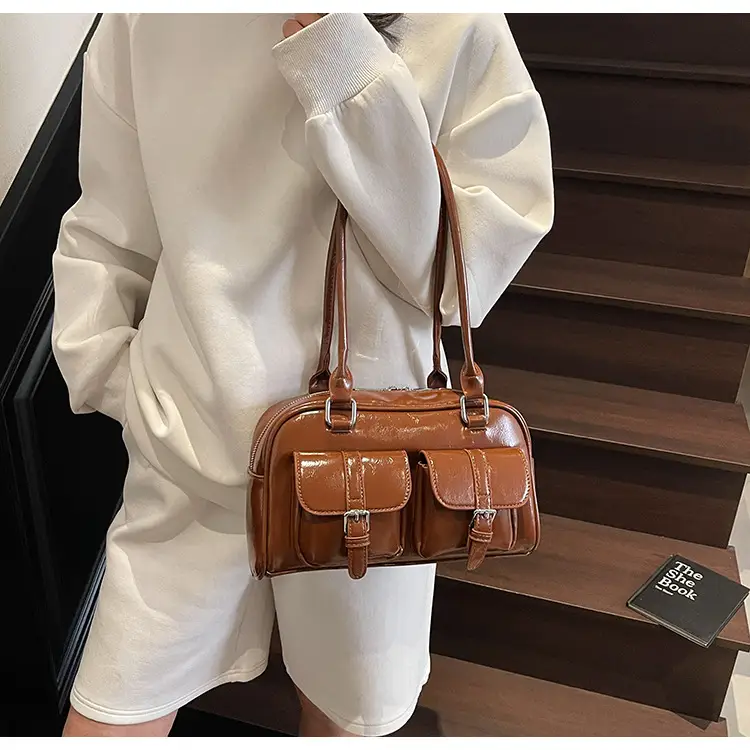 Brown Retro Shoulder Bag for Women with 5 Pockets — feature 30