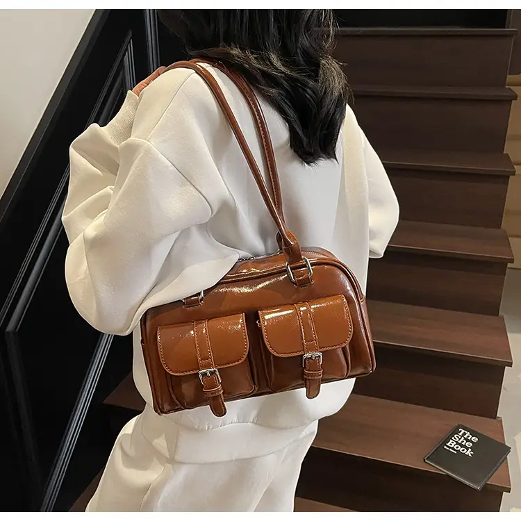 Brown Retro Shoulder Bag for Women with 5 Pockets — feature 31