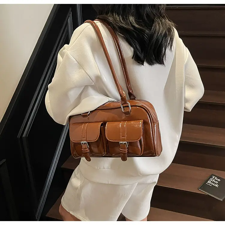 Brown Retro Shoulder Bag for Women with 5 Pockets — feature 32