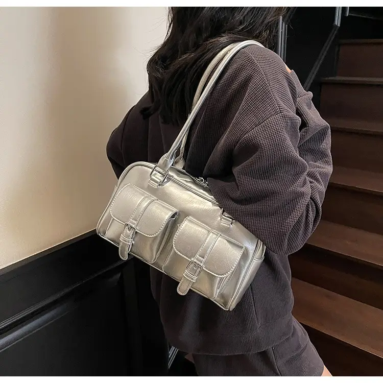 Brown Retro Shoulder Bag for Women with 5 Pockets — feature 33