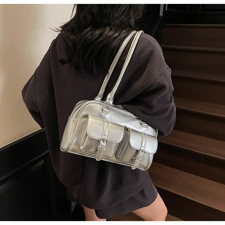 Brown Retro Shoulder Bag for Women with 5 Pockets — feature 34