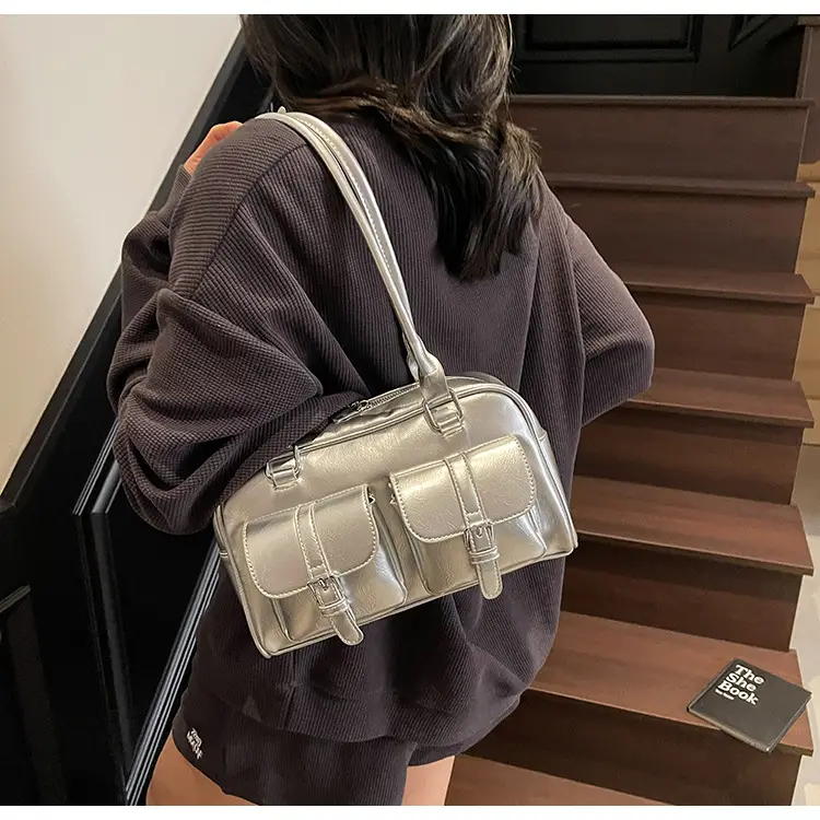 Brown Retro Shoulder Bag for Women with 5 Pockets — feature 35