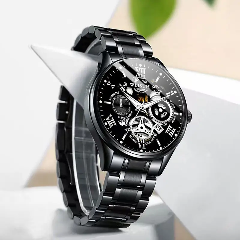 Men's Black Skeleton Watch Waterproof Luminous Calendar - Image 9