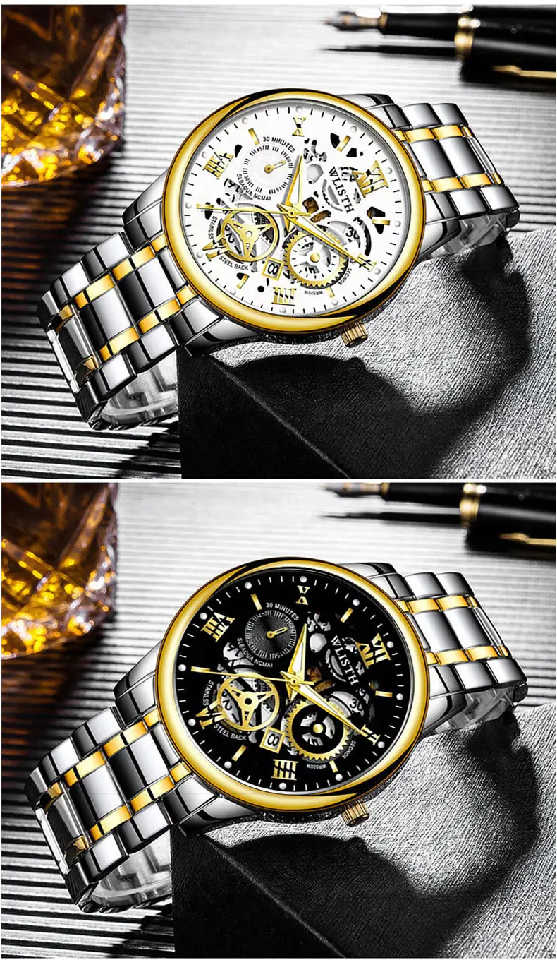 Men's Black Skeleton Watch Waterproof Luminous Calendar — feature 11