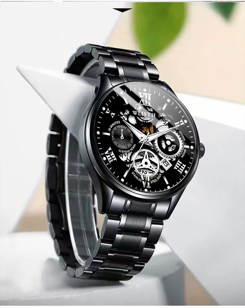 Men's Black Skeleton Watch Waterproof Luminous Calendar — feature 12