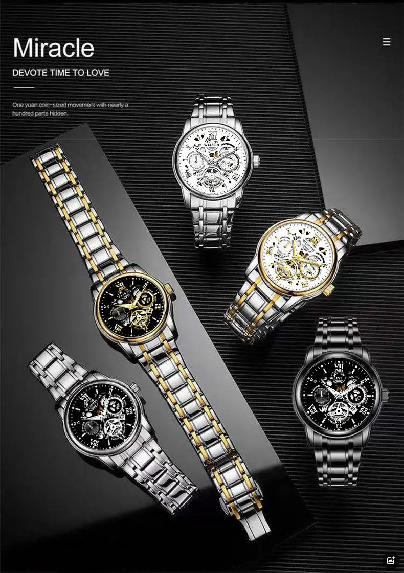 Men's Black Skeleton Watch Waterproof Luminous Calendar — feature 7