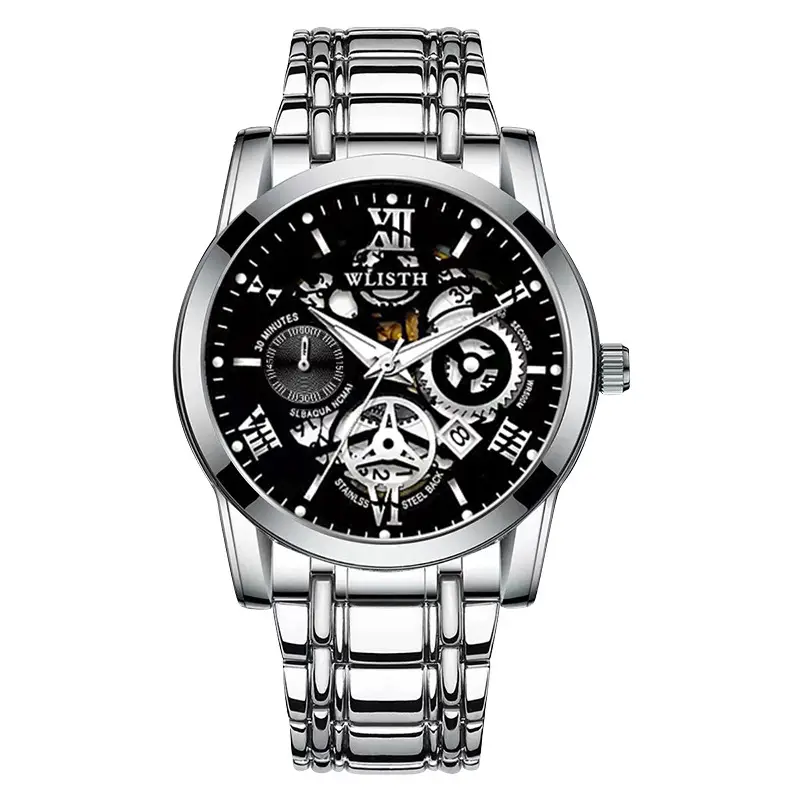 Men's Black Skeleton Watch Waterproof Luminous Calendar - Image 3