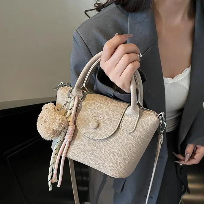 Women's tan Beige Shoulder Bag with Teddy Bear Charm - Image 7
