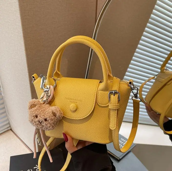 Women's tan Beige Shoulder Bag with Teddy Bear Charm - Image 9
