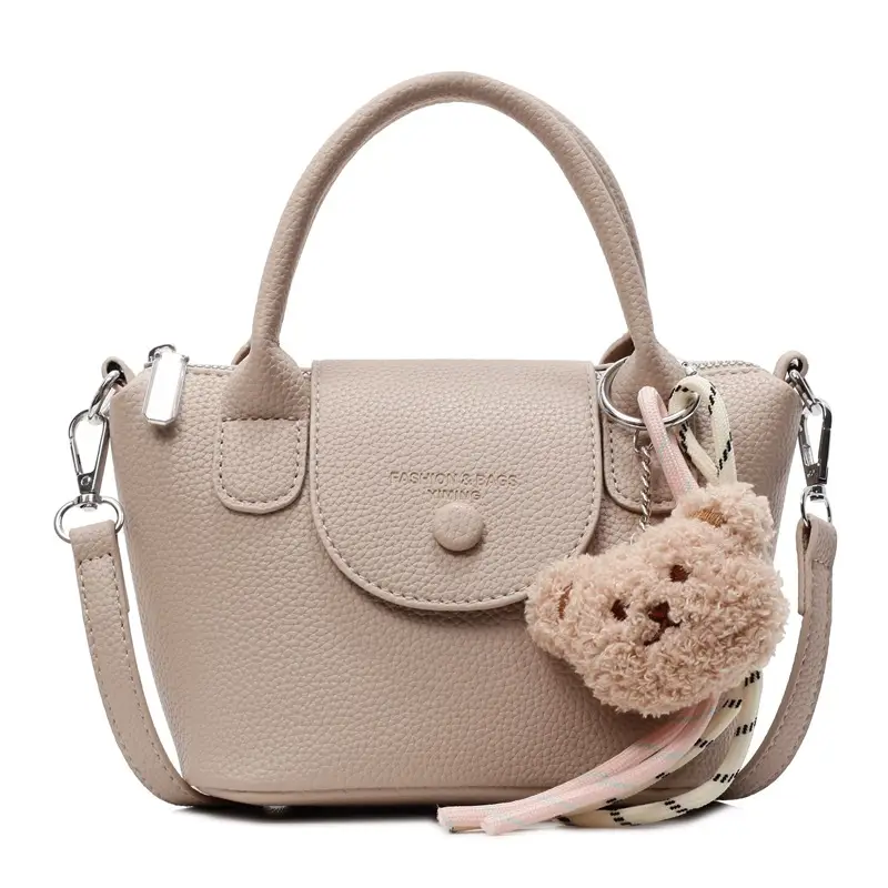 Women's tan Beige Shoulder Bag with Teddy Bear Charm - Image 10