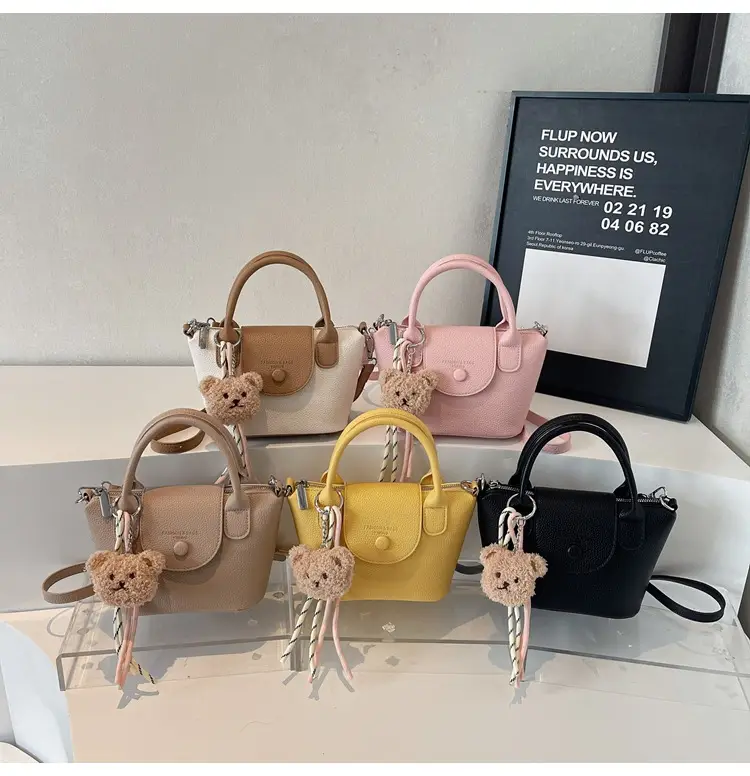 Women's tan Beige Shoulder Bag with Teddy Bear Charm — feature 13