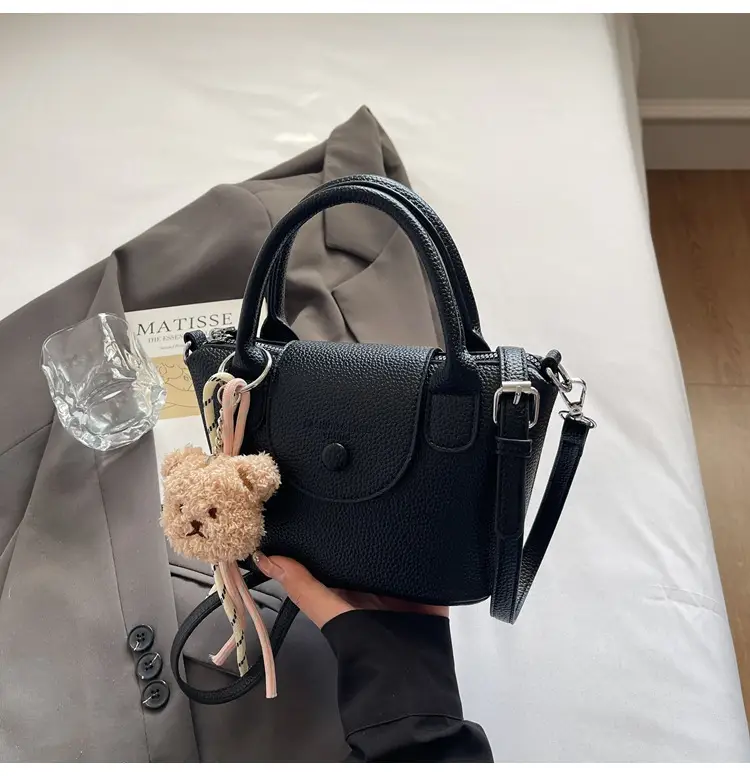Women's tan Beige Shoulder Bag with Teddy Bear Charm — feature 20