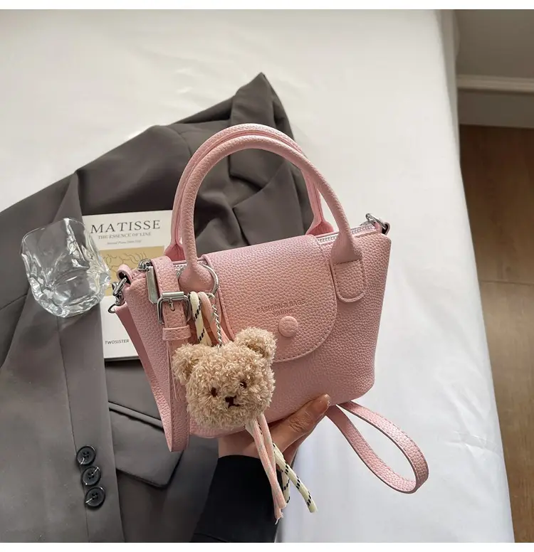 Women's tan Beige Shoulder Bag with Teddy Bear Charm — feature 21