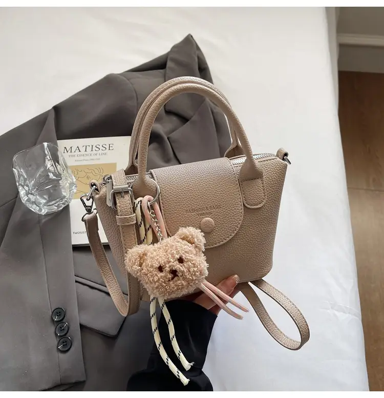 Women's tan Beige Shoulder Bag with Teddy Bear Charm — feature 22