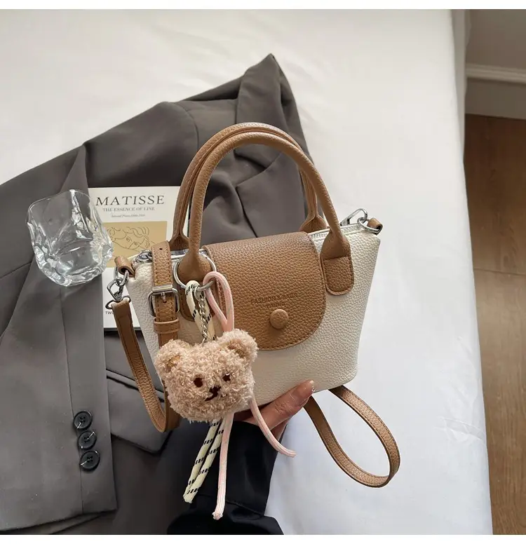 Women's tan Beige Shoulder Bag with Teddy Bear Charm — feature 23