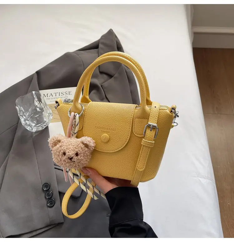 Women's tan Beige Shoulder Bag with Teddy Bear Charm — feature 24