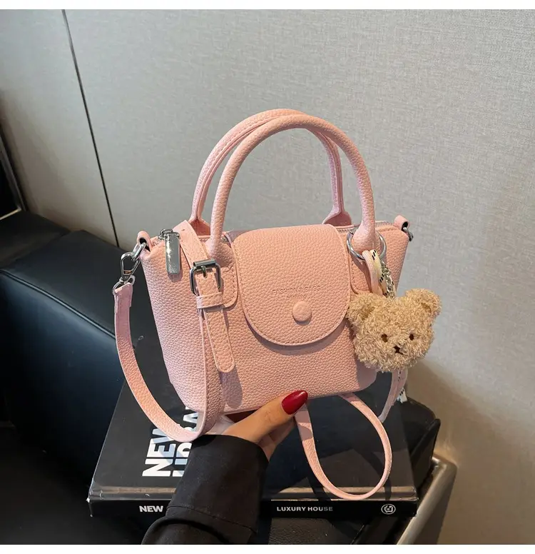 Women's tan Beige Shoulder Bag with Teddy Bear Charm — feature 26