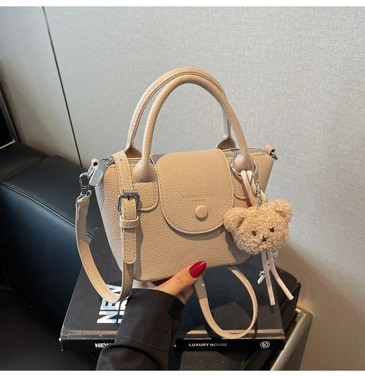 Women's tan Beige Shoulder Bag with Teddy Bear Charm — feature 27
