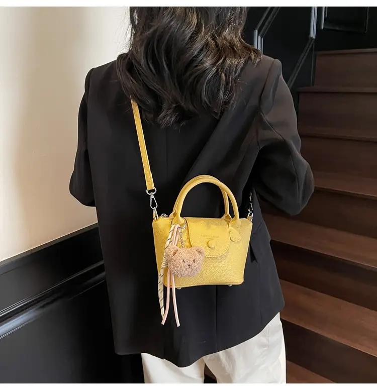 Women's tan Beige Shoulder Bag with Teddy Bear Charm — feature 32