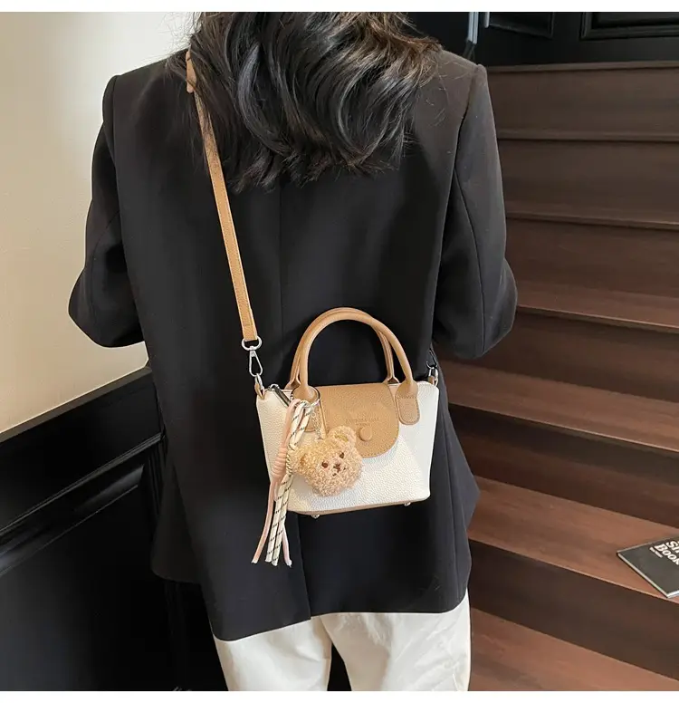 Women's tan Beige Shoulder Bag with Teddy Bear Charm — feature 34