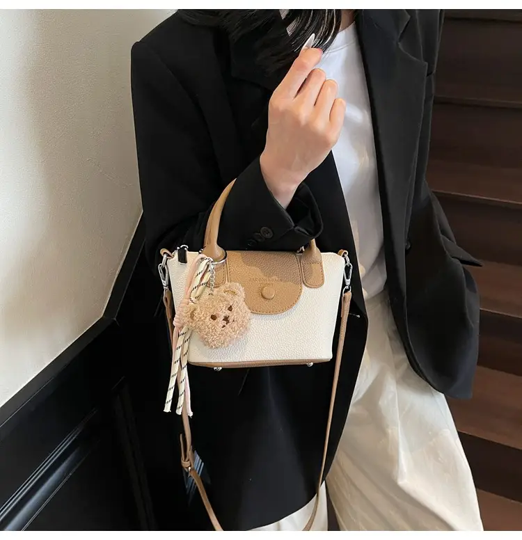 Women's tan Beige Shoulder Bag with Teddy Bear Charm — feature 35