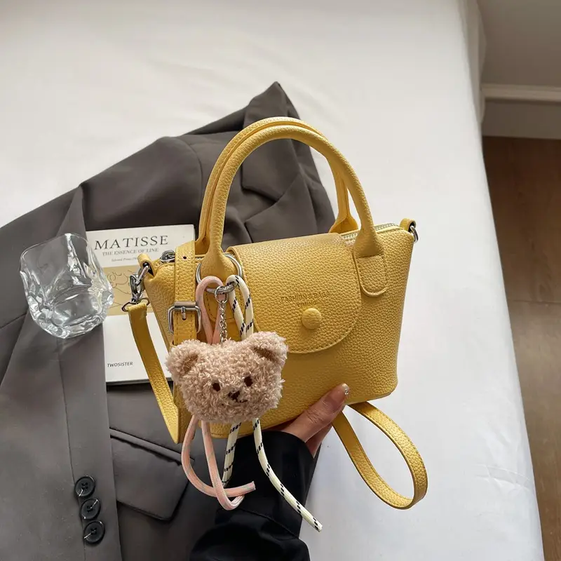 Women's tan Beige Shoulder Bag with Teddy Bear Charm - Image 2
