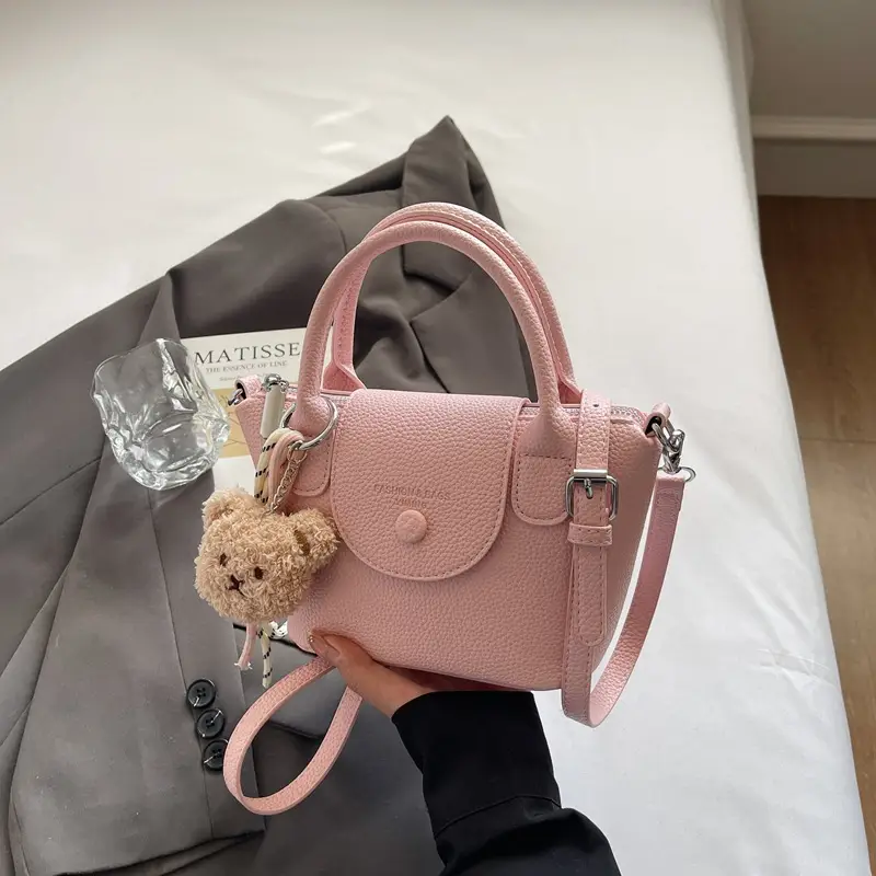 Women's tan Beige Shoulder Bag with Teddy Bear Charm - Image 4