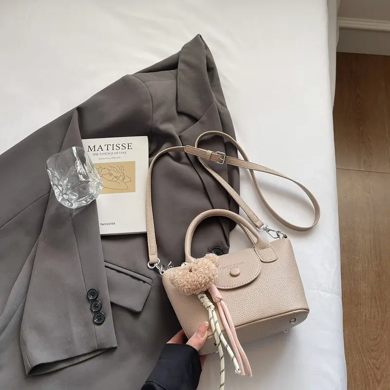 Women's tan Beige Shoulder Bag with Teddy Bear Charm - Image 5