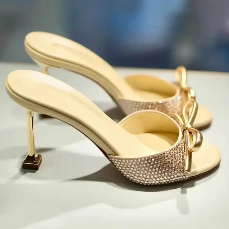 Champagne Crystal Bow Rhinestone High Heels Women Summer 2025 - Image 5